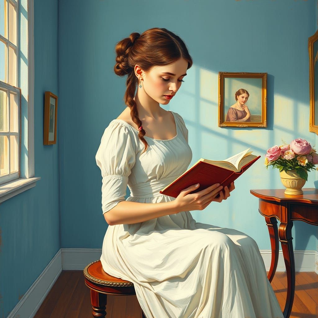 Girl in Elegant White Reading by Soft Light