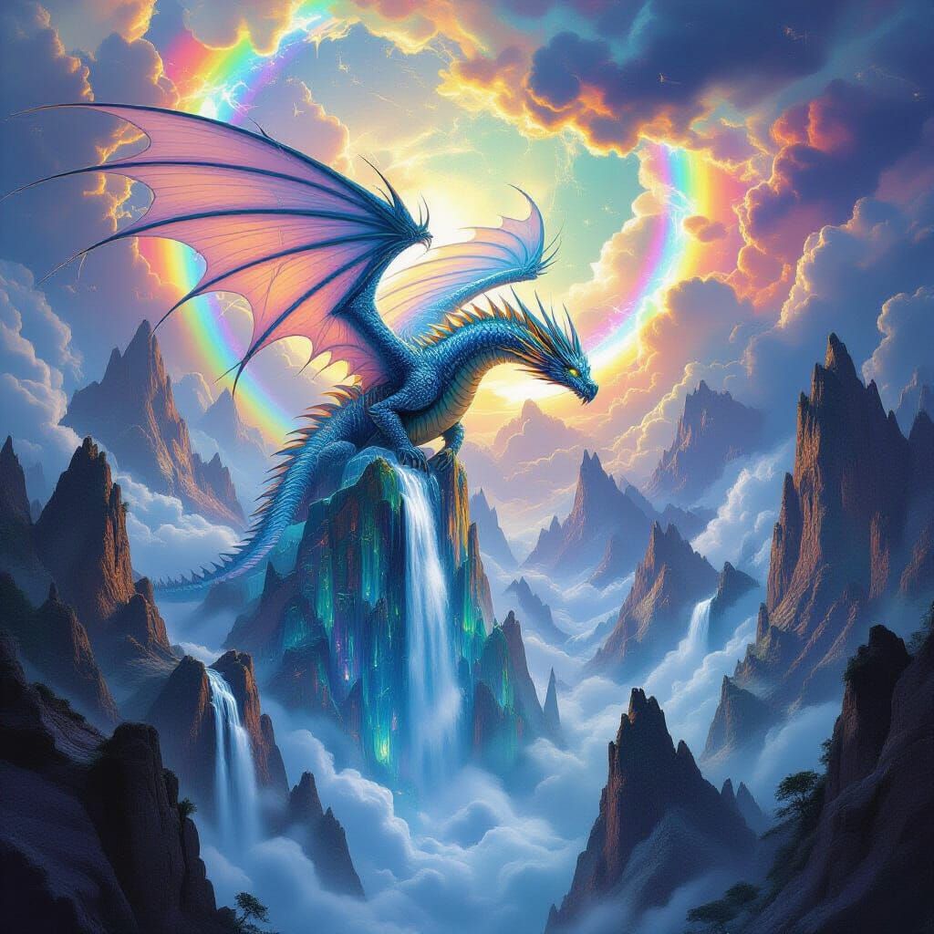 Crystalline Dragon Over Surreal Mountains