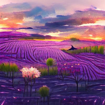 Purple Flowering Fields at Sunset
