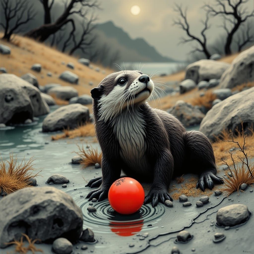 Whimsical Noirscape Otter at Play with Tiny Red Ball