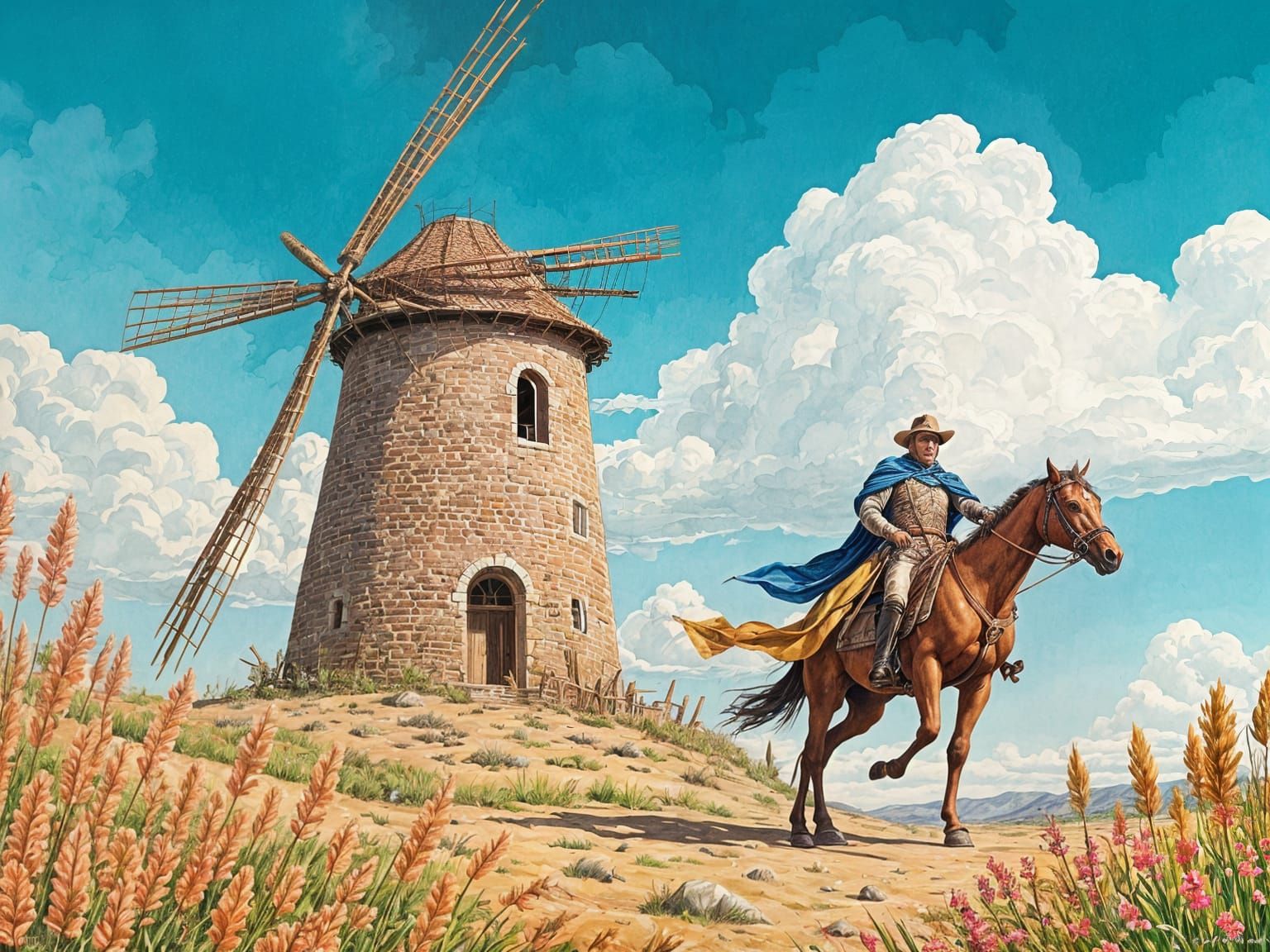 Don Quixote Tilting at Windmill in Gouache Style