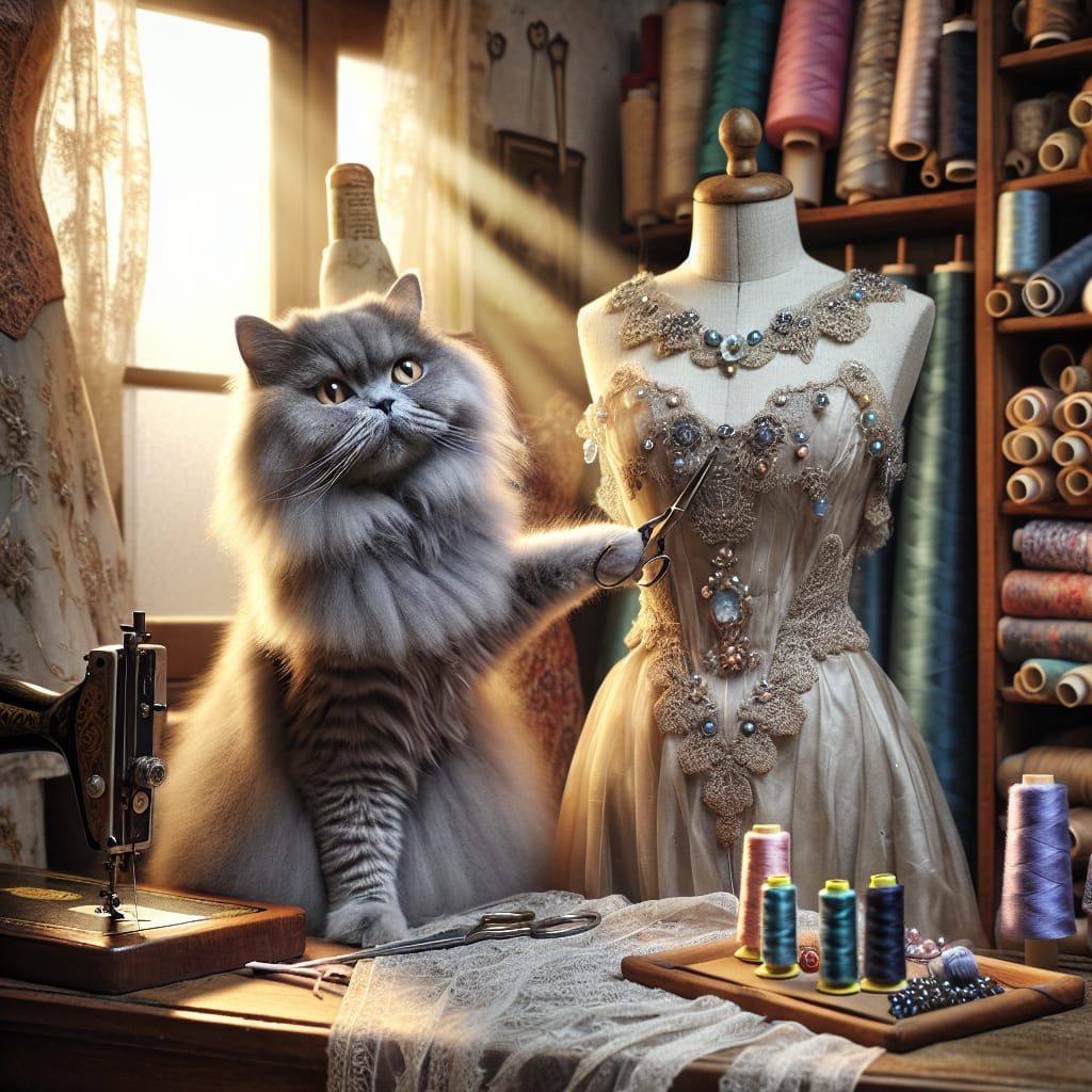Cat Tailor Adjusting Dress in Studio