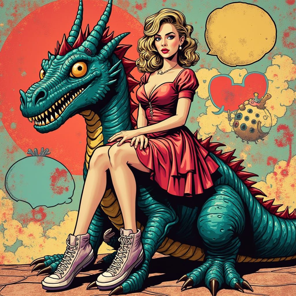 Retro Pin-Up Girl on Graffiti Dragon in Pop Art Style