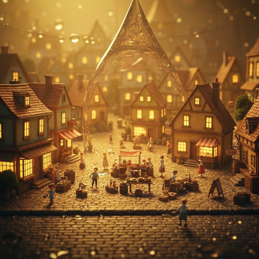 Miniature Village Inside Raindrop in Fairytale Style
