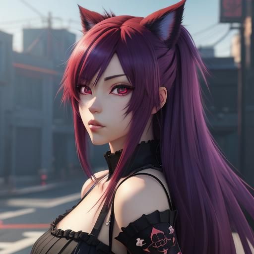 Anime Girl with Scarlet Hair and Violet Eyes