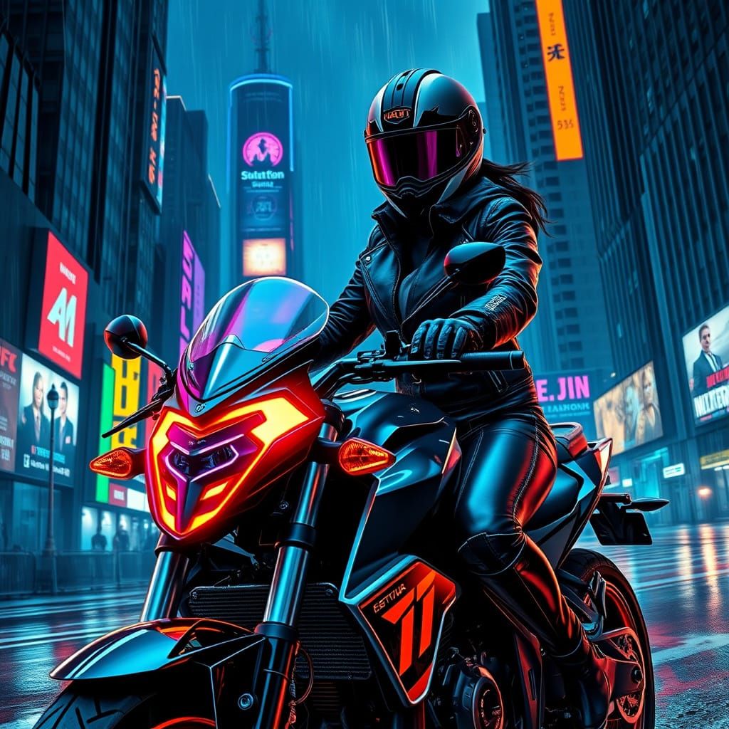 Futuristic Biker Speeds Through Neon Cityscape in Cyberpunk ...