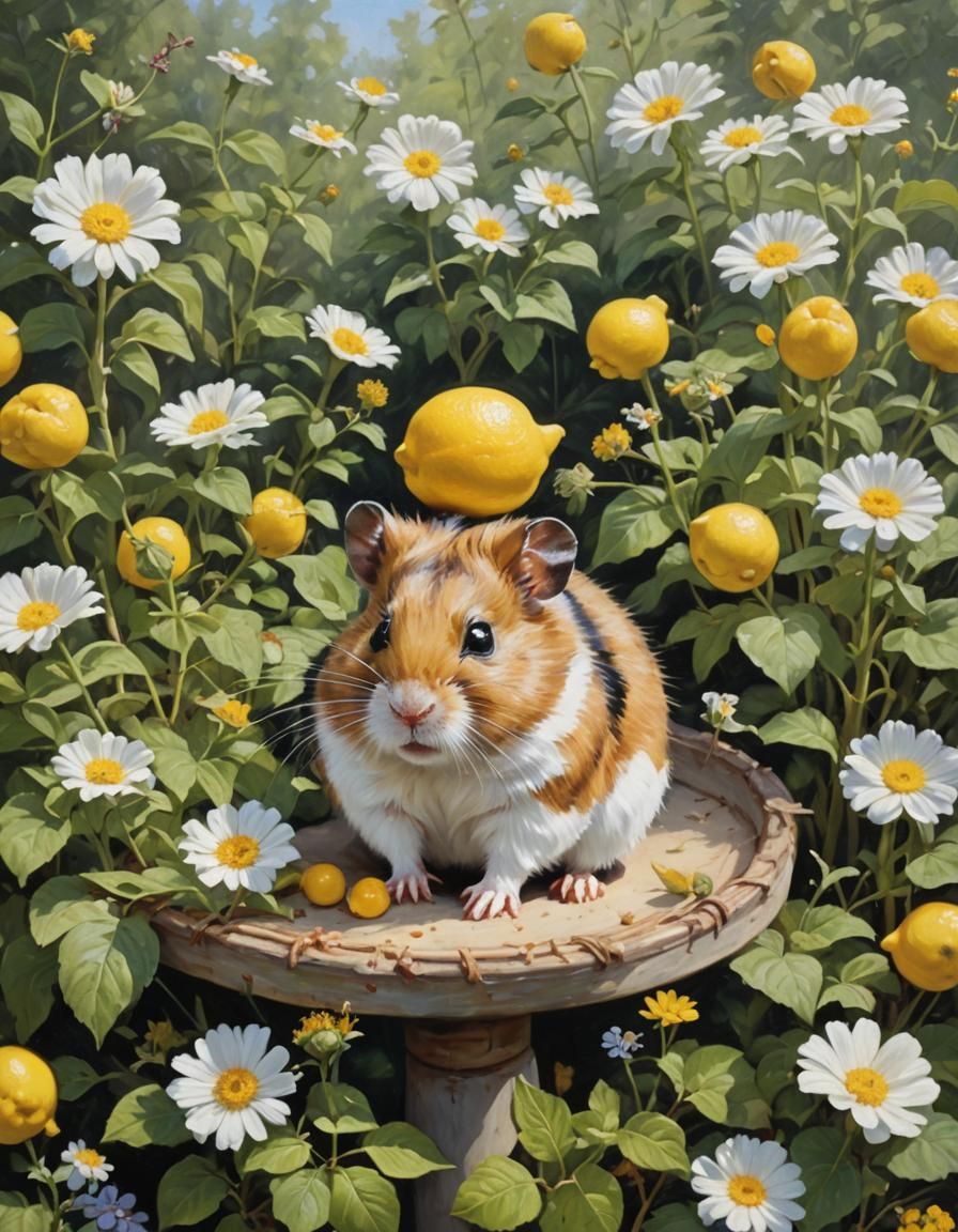 Vibrant Summer Garden Scene with Whimsical Hamster