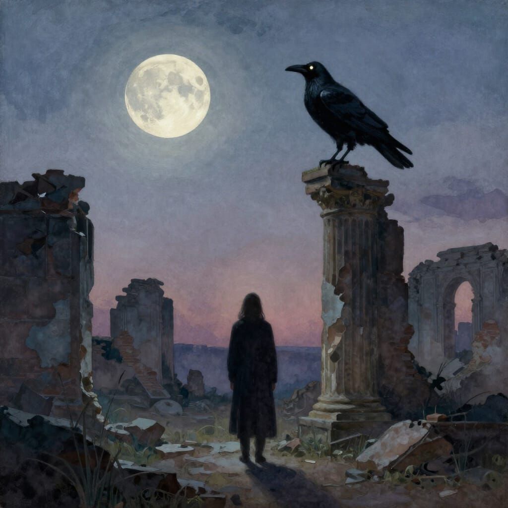 Solitary Figure in Ruined Landscape Under Luminous Moon
