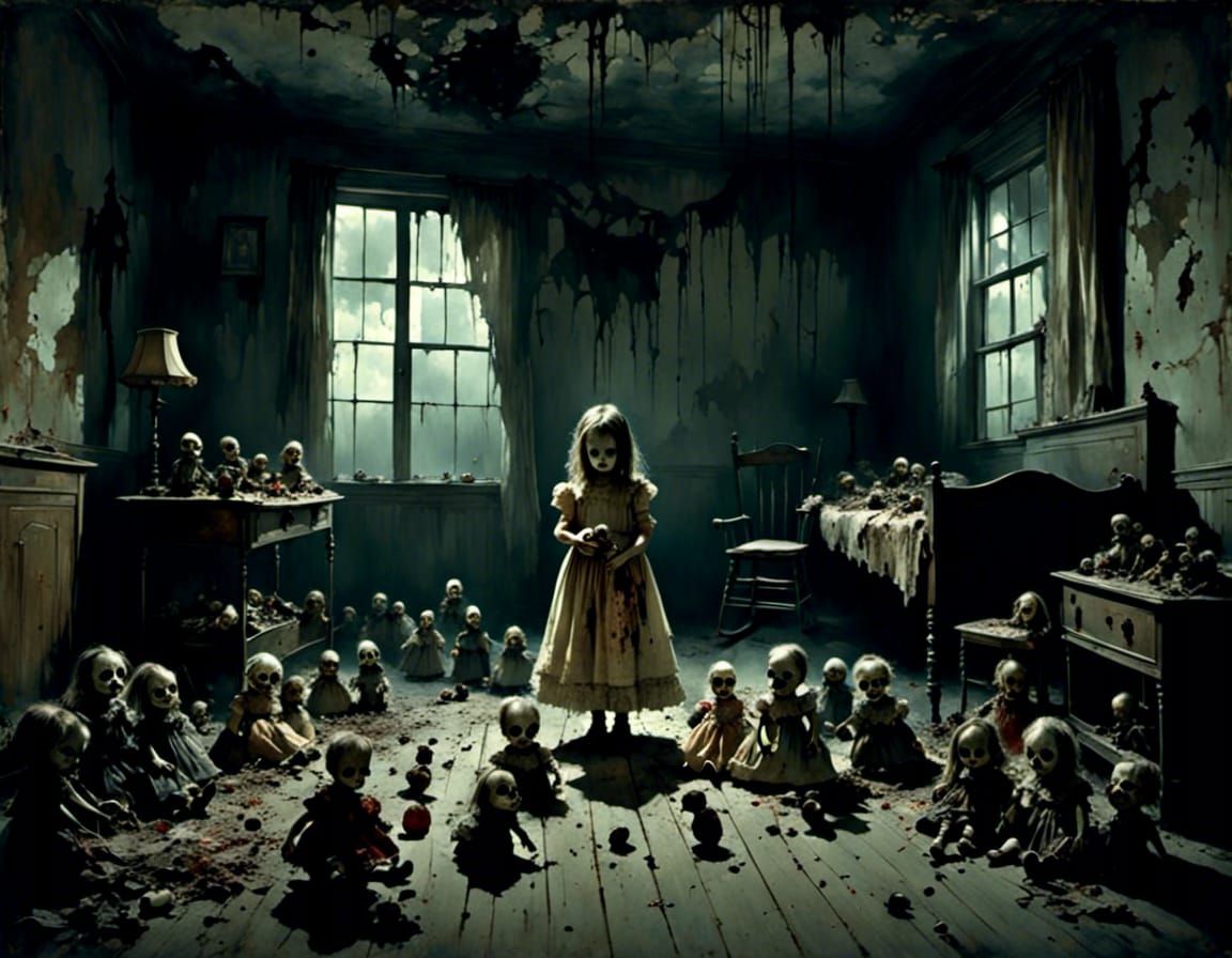 A zombie girl playing with her dolls.
