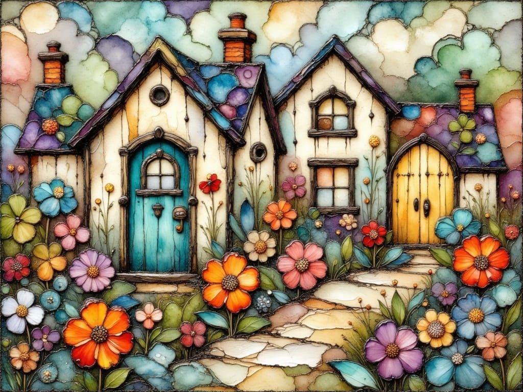 Charming Textured Painting of Rustic Cottages in a Lush Gard...