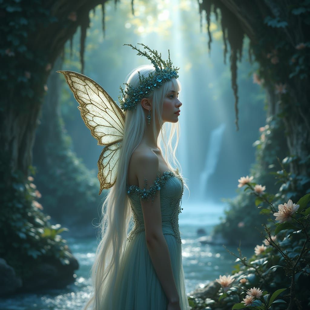 Regal Fairy Queen in Ethereal Grotto, Hyperrealistic Style