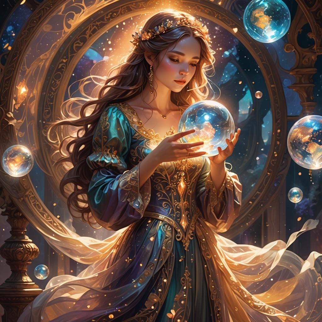 Girl Gazing into Magical Globe: Fantasy Art