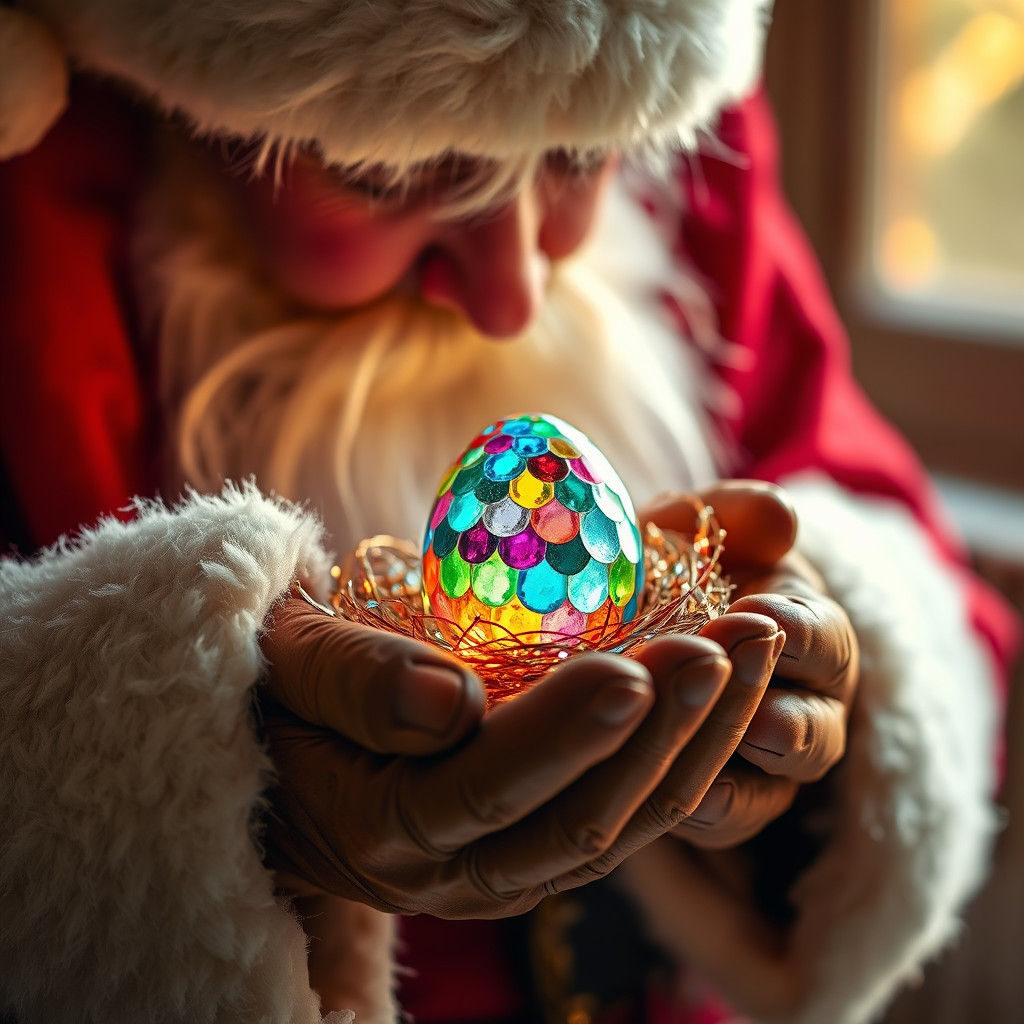 Santa Claus Cradles Glowing Egg in Jeweled Nest