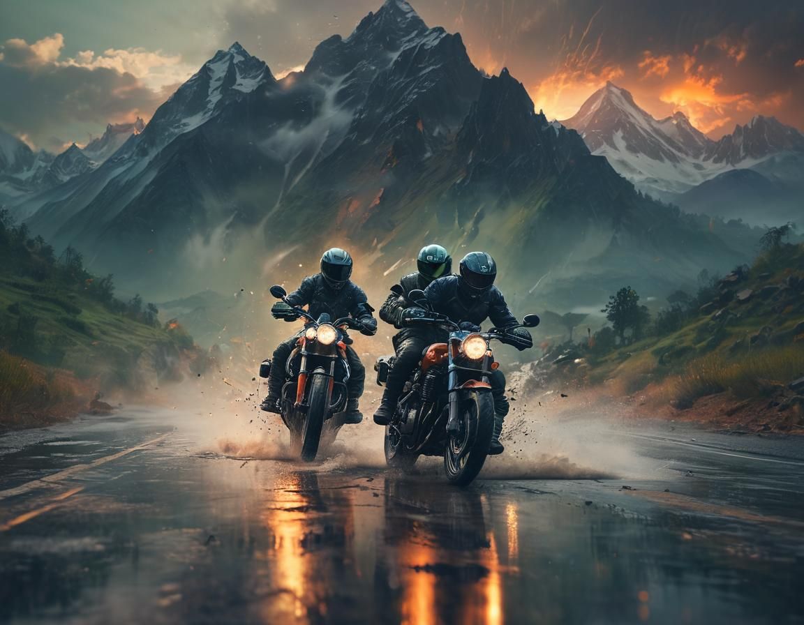 Moody Fantasy Motorbike Riders Speed Through Misty Mountains