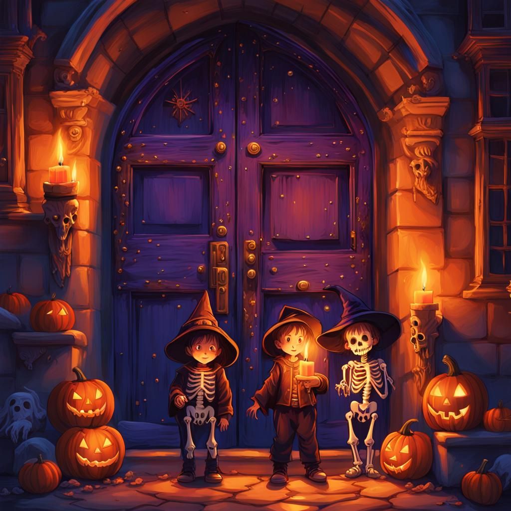 Halloween Toddlers at Glowing Door: Dark Fantasy Art