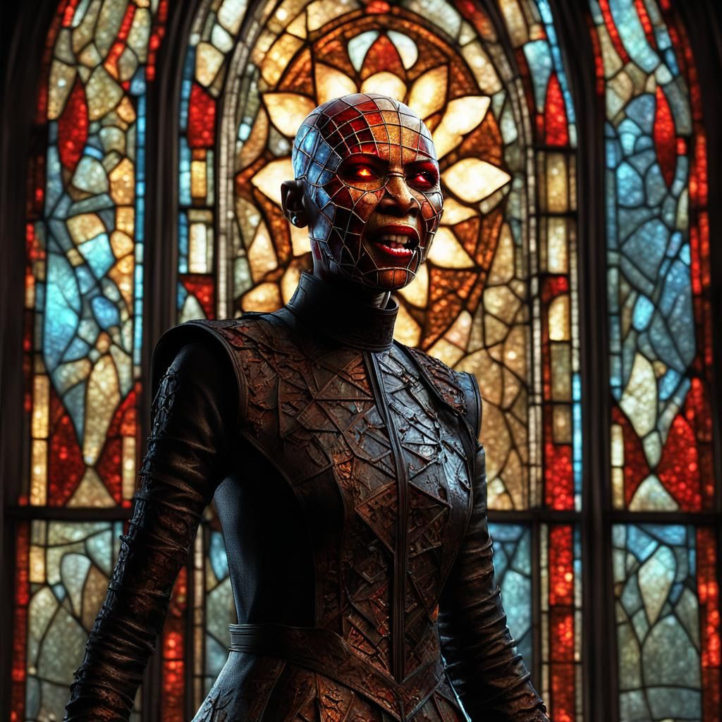 Female Pinhead Screaming Amid Shattered Glass