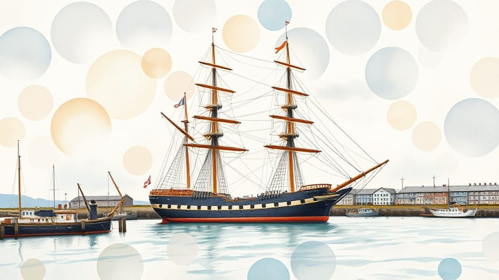 Watercolor Sailing Ship in Muted 18th-Century Harbor Scene