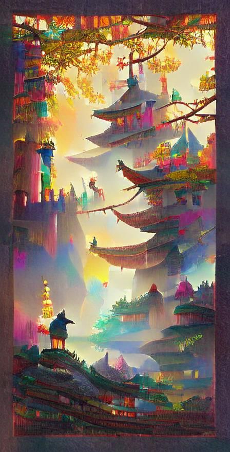 Colorful Pagodas in Storybook Illustration Style