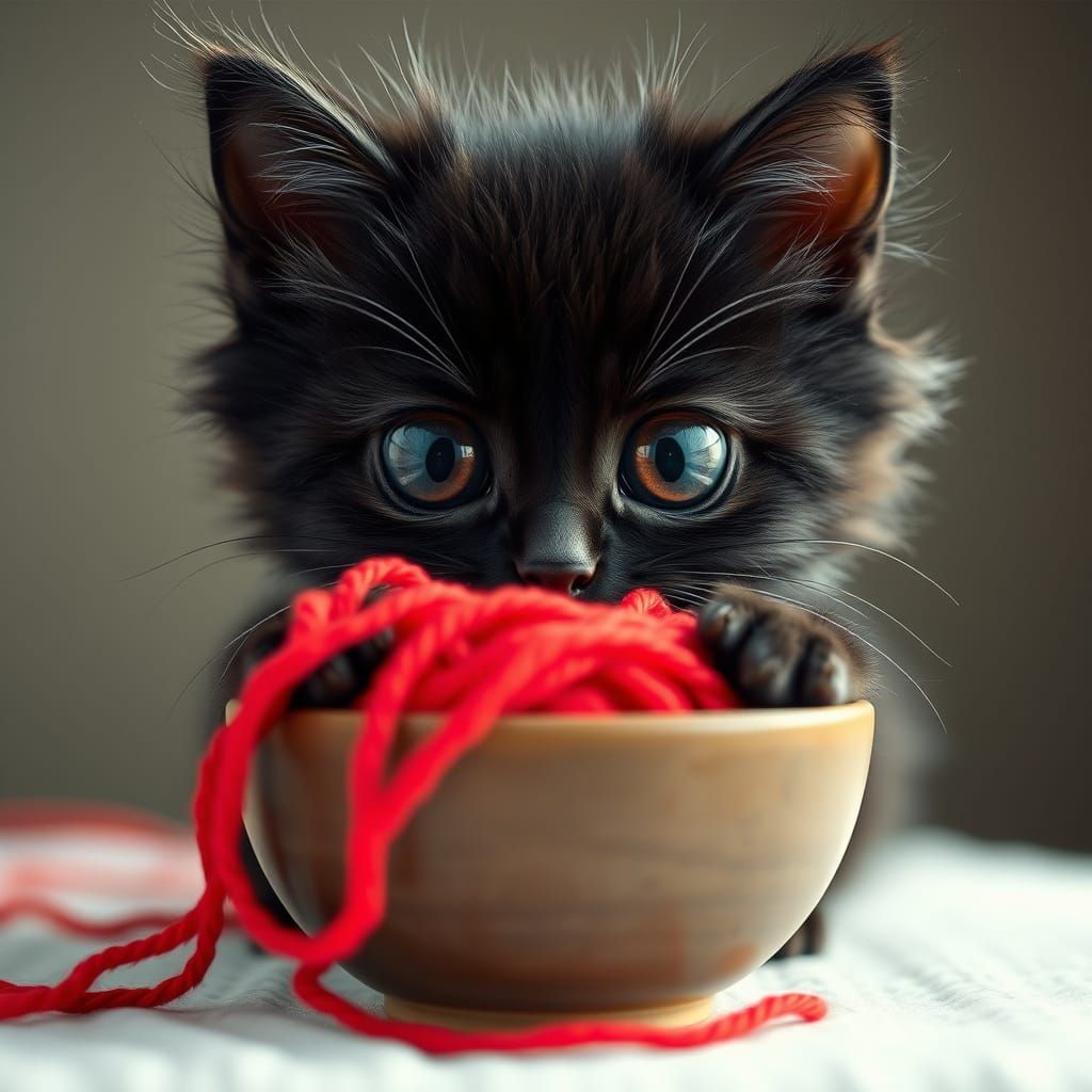 Fluffy Black Kitten with Luscious Eyelashes and Yarn