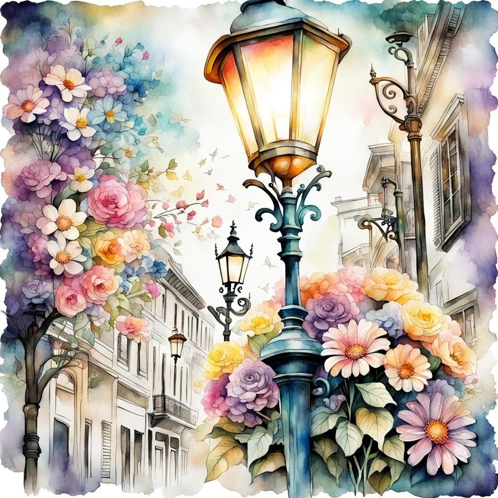 Vintage Street Lamp with Pastel Watercolor Flowers