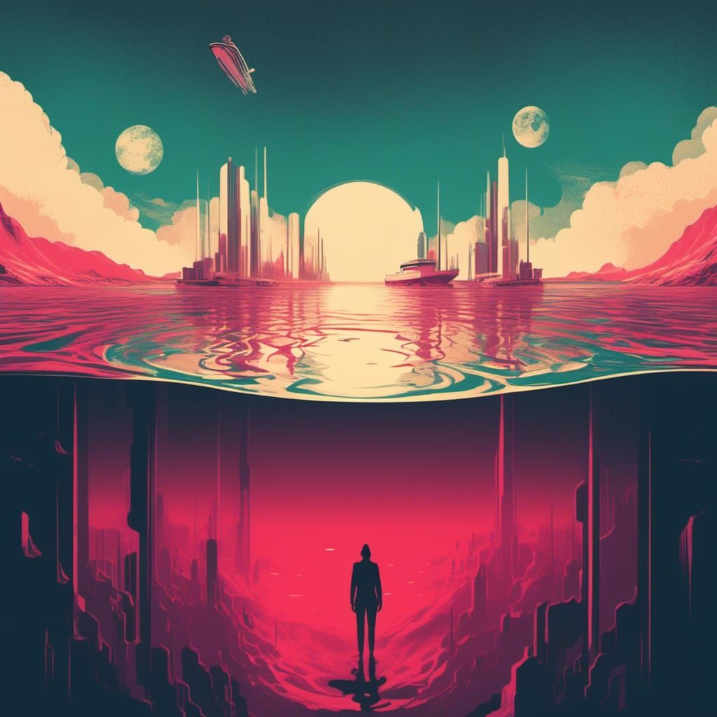 Surreal Sea Dreamscape in Retro Sci-Fi Style