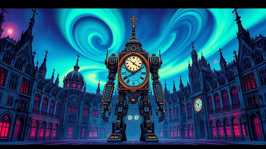 Clockwork Robot in Kaleidoscopic Fractal Cityscape