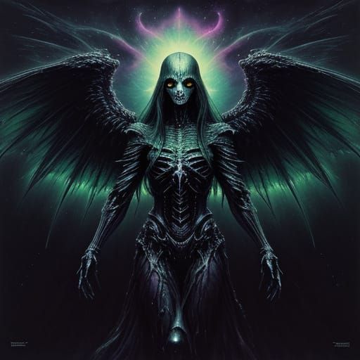 Surreal Angel with Skeletal Wings in Dark Nebula