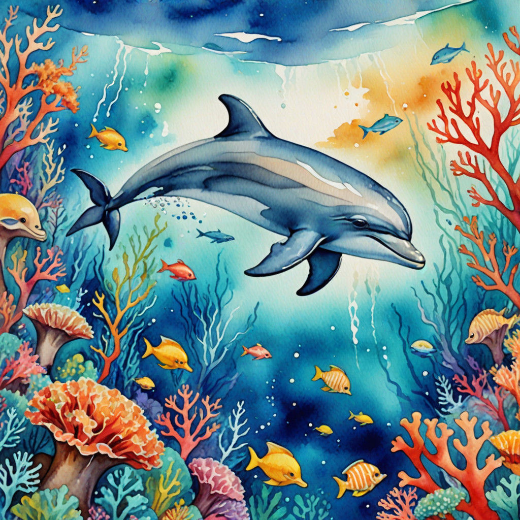 Softly Brushed Tropical Scenes of Dolphins Amidst Vibrant Co...