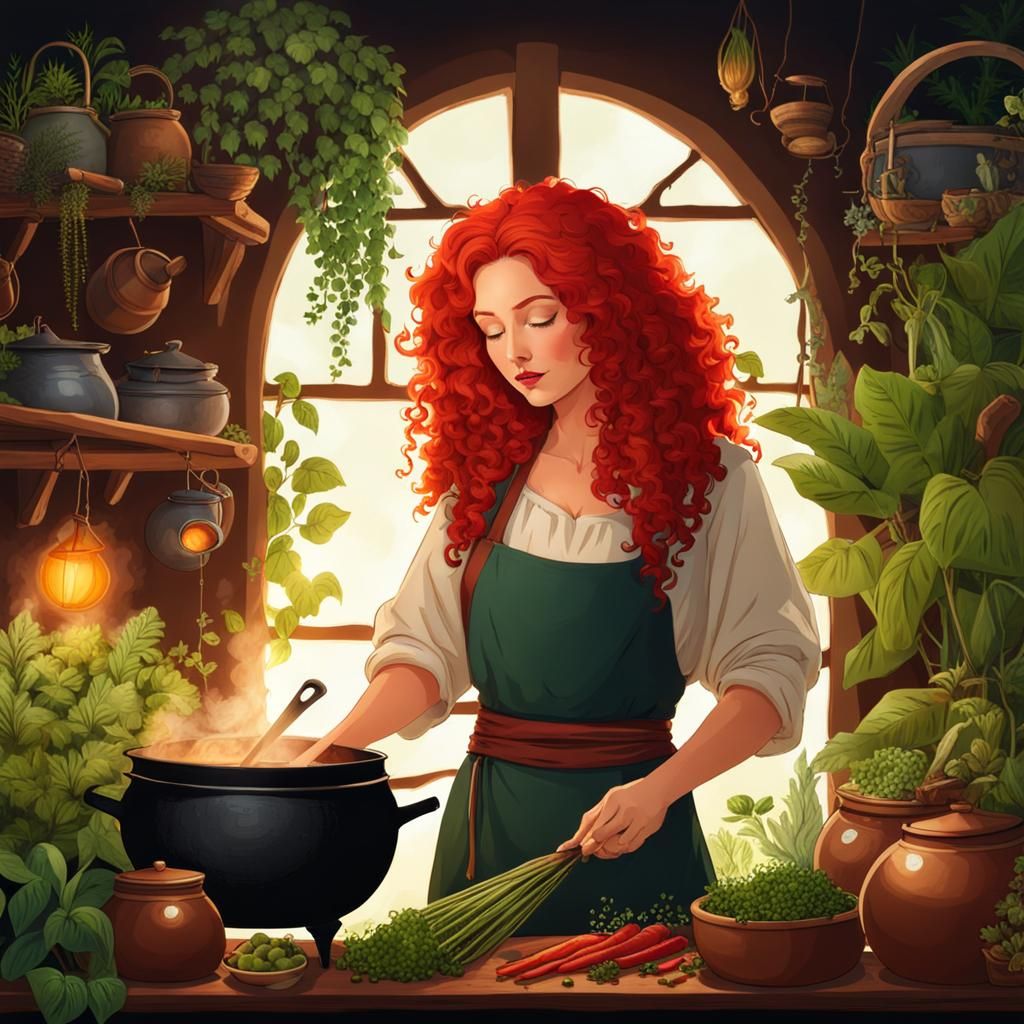 Mystical Cottagecore Witch Cooking in Cauldron