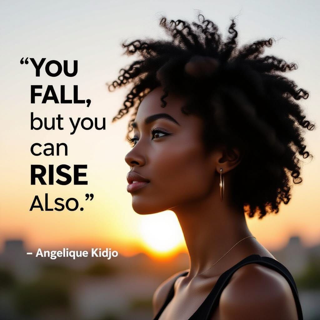 Empowering Portrait of Woman with Afro and Sunrise