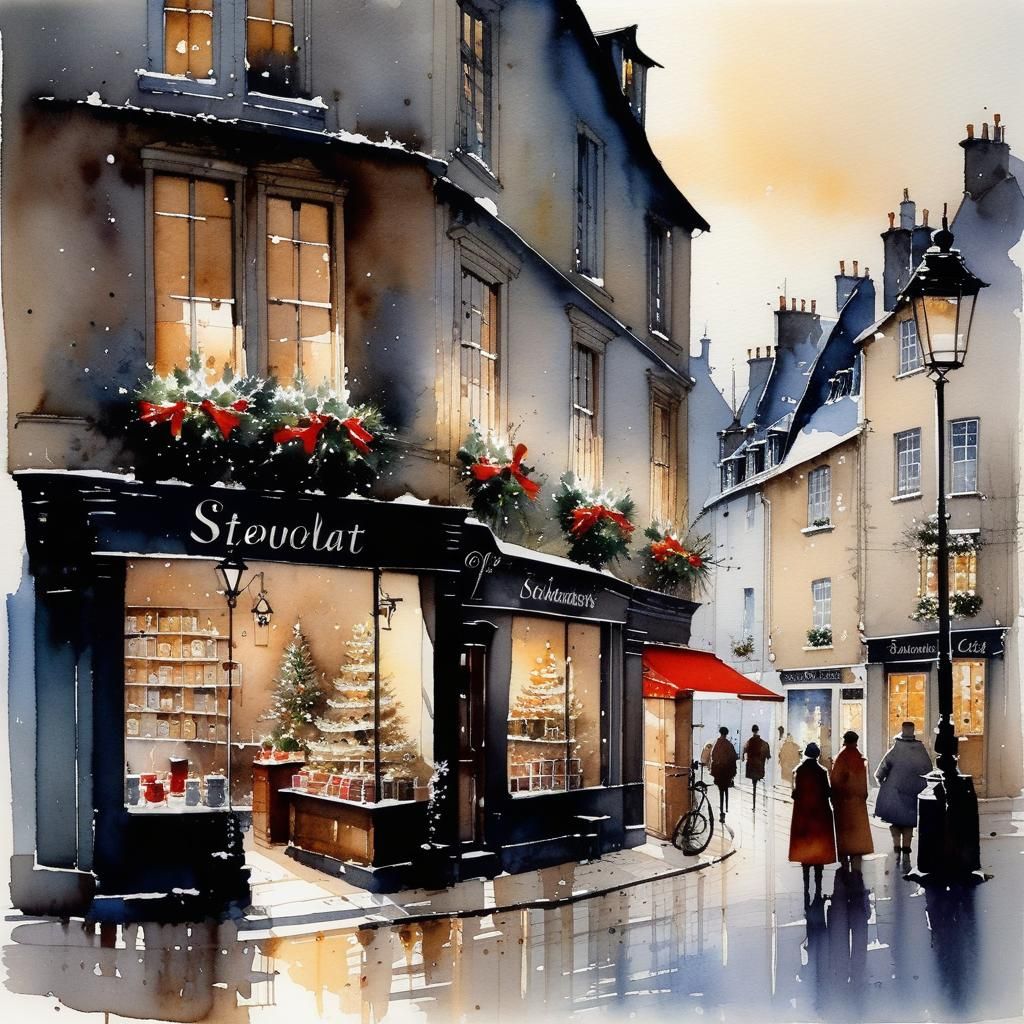 Christmas Eve at Toy Shop: Watercolor and Ink