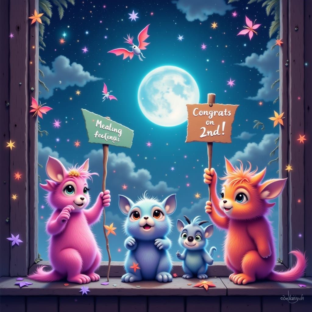 Playful Monsters Celebrate Second Place under Starry Sky