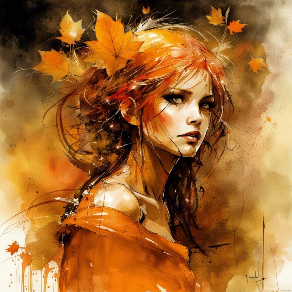 Windblown Autumn Fairy in Watercolor Fantasy Style