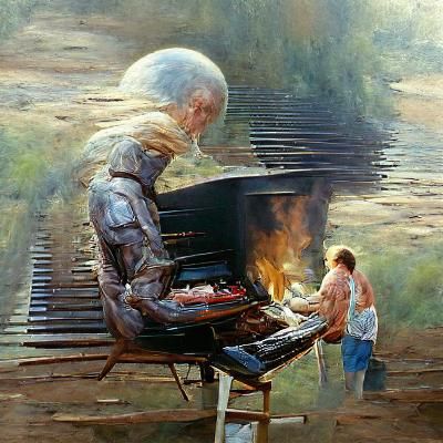 Disturbing Oil Painting: Human Cooked on a Grill