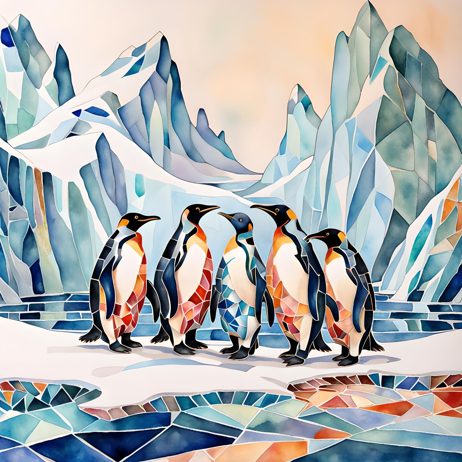 Arctic Penguins in Watercolor Mosaic Style