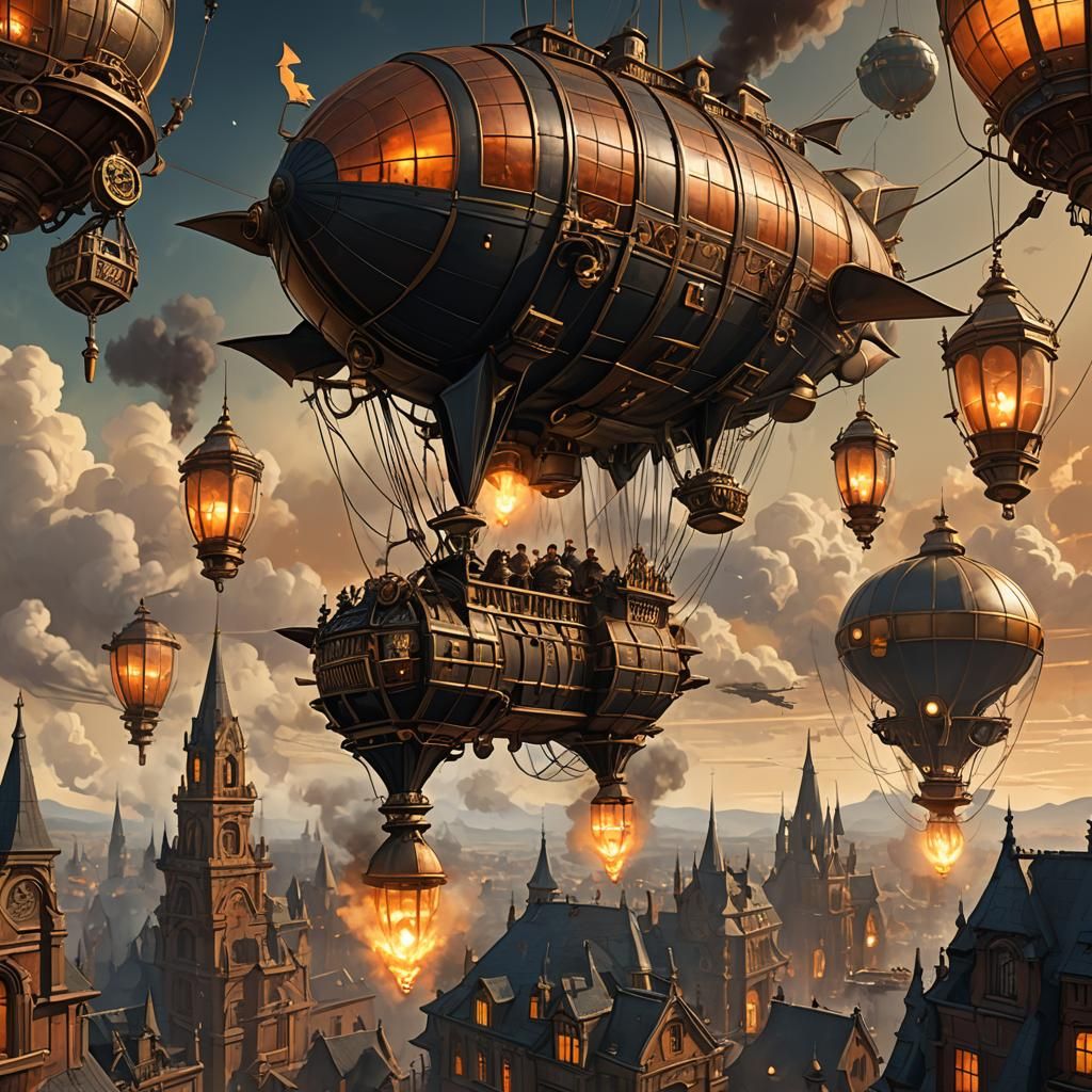 Steampunk Airship Soaring in Dark Fantasy Art