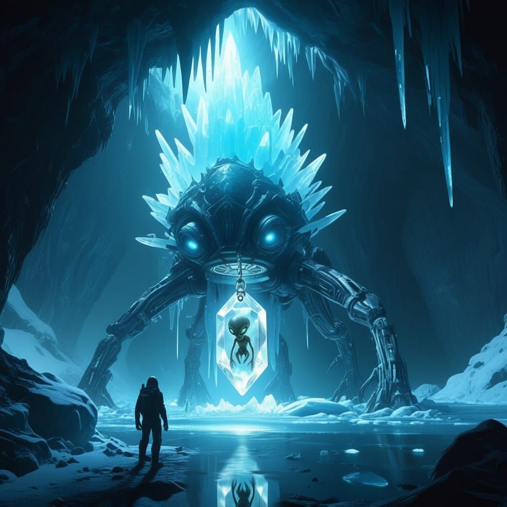 Explorers Discover Frozen Alien and Crystal in Luminous Cave