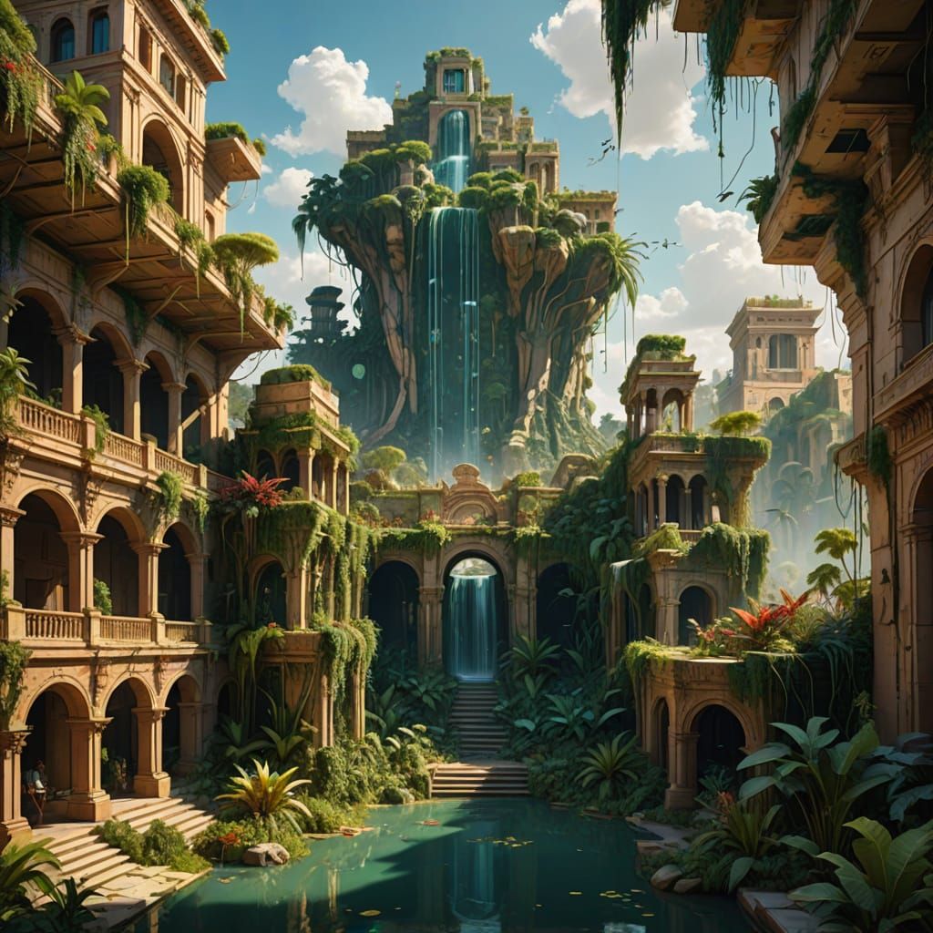 Vibrant Abstraction of Babylon's Hanging Gardens in Expressi...
