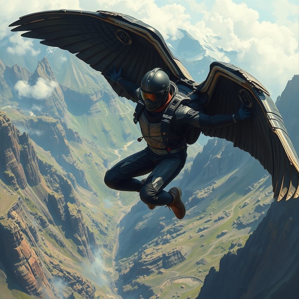 Wingsuit Flyer Descending in Rugged Landscape