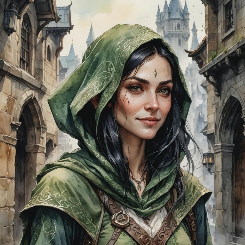 Elven Rogue Watercolor Portrait in Ornate Detail
