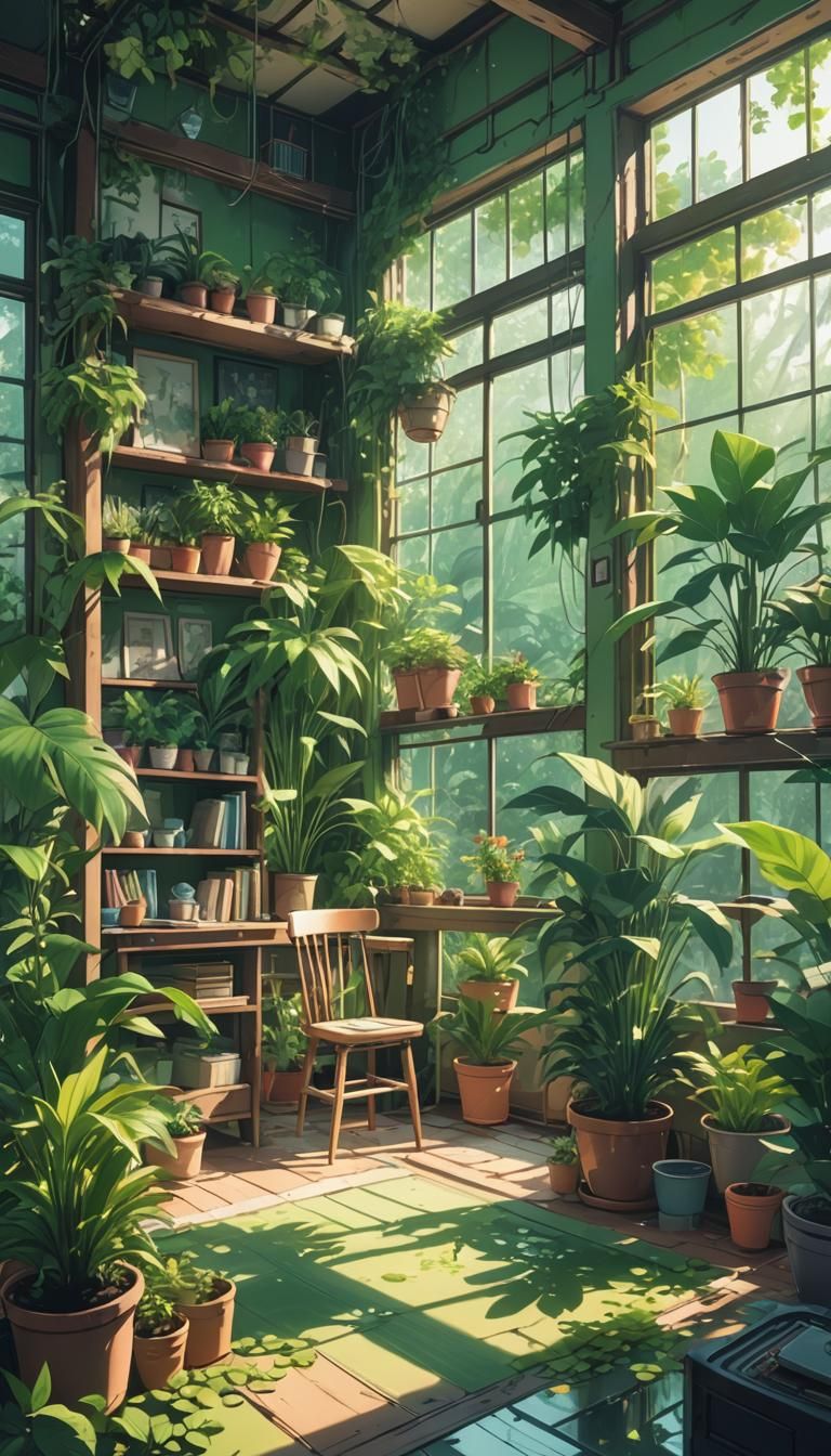Vibrant Anime Interior with Overgrown Plants