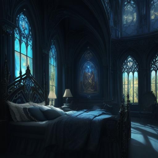Beautiful Cobalt blue and black gothic bed& hyperdetailed ar...