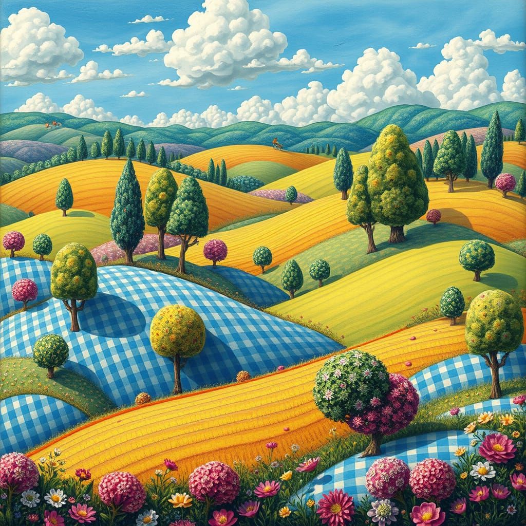 Whimsical Gingham Landscape in Vibrant Colors