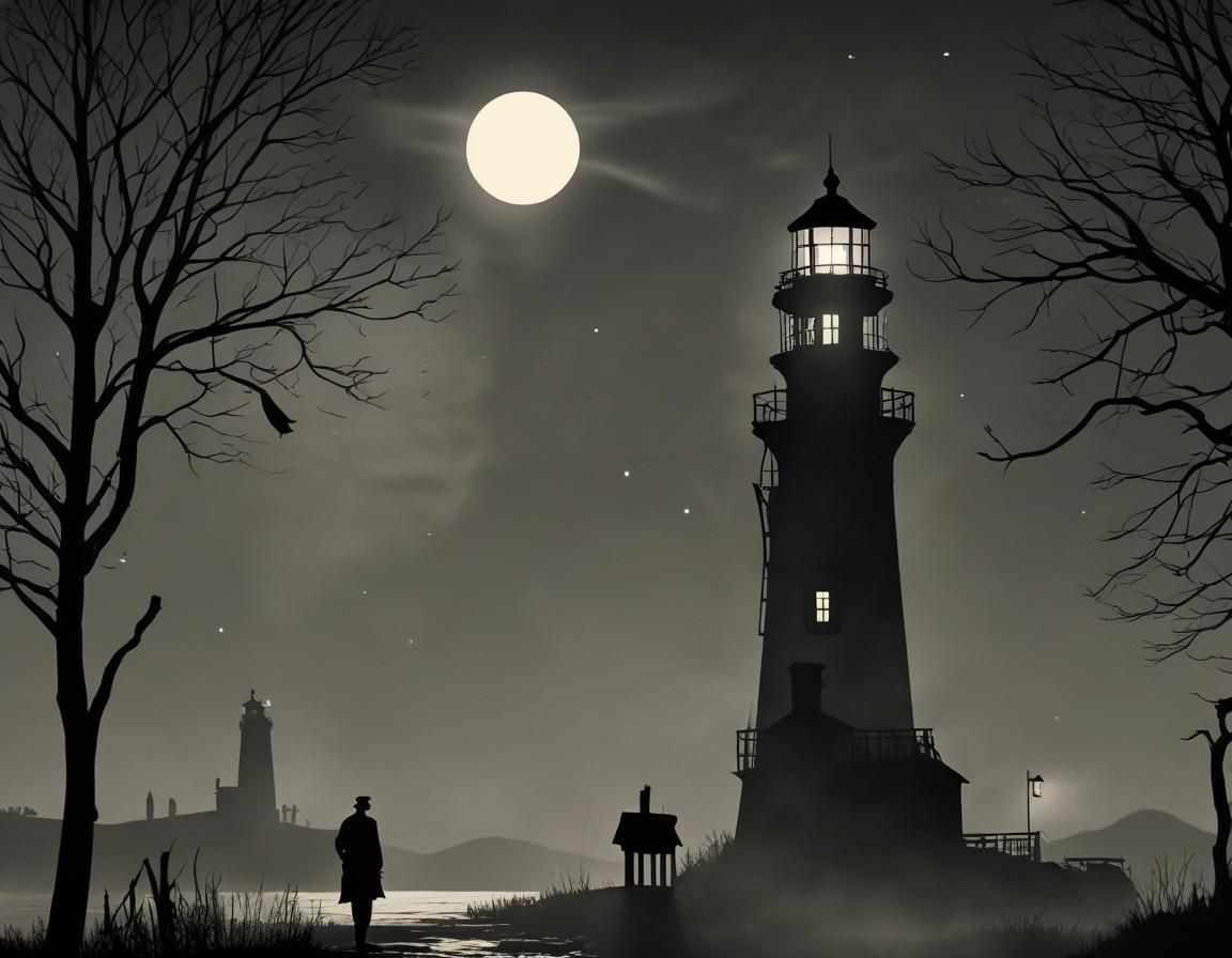 Mysterious Lighthouse Keeper Silhouette in Misty Moonlight