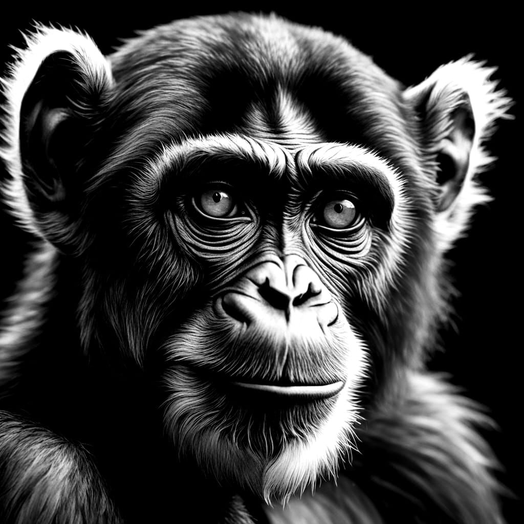 Deep shadows and bright highlights dance across the face of a contemplative primate, creating a powerful emotional conne...