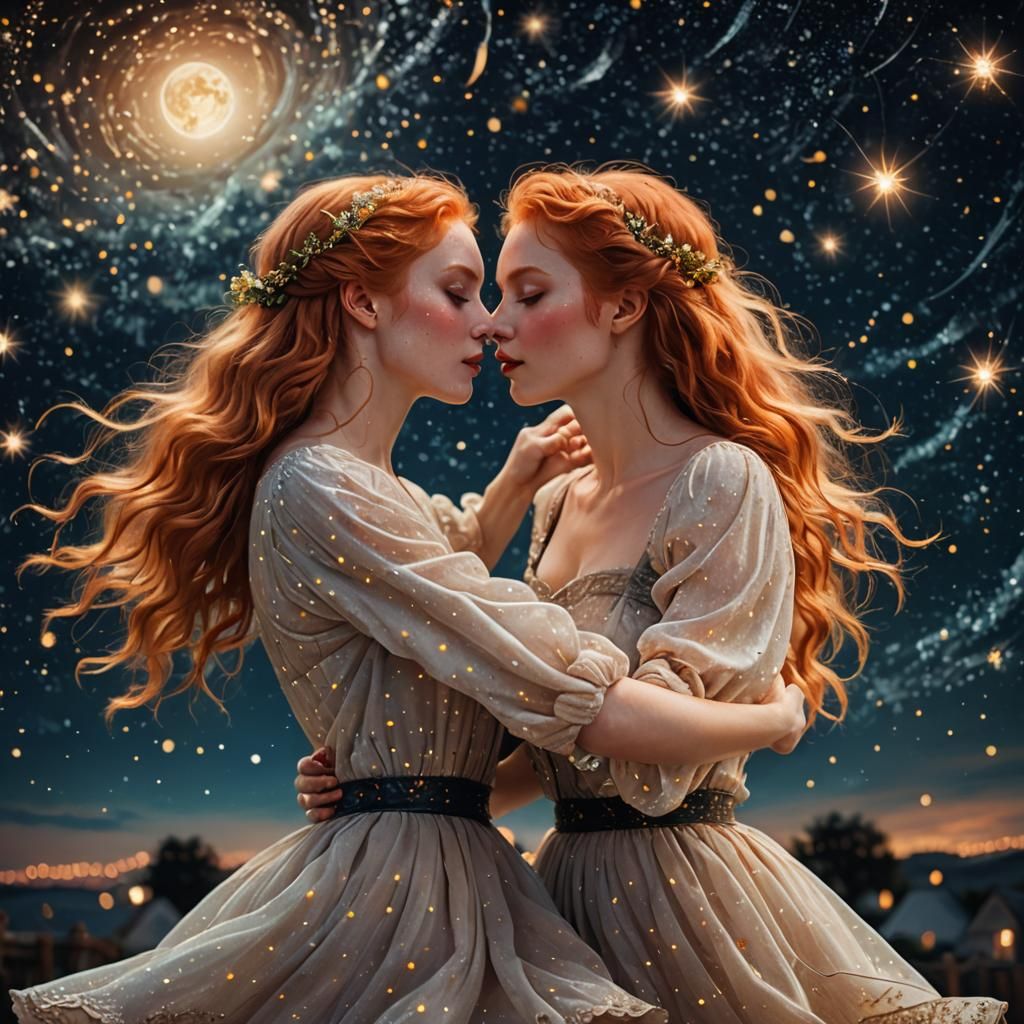 A young redhead lady dancing with a long blonde haired lady ...