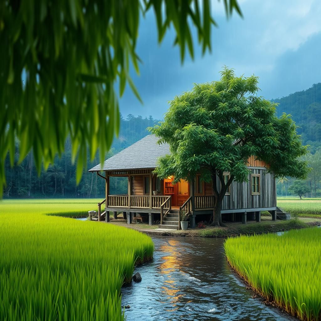 Refreshing Night: Wooden House by Rice Field