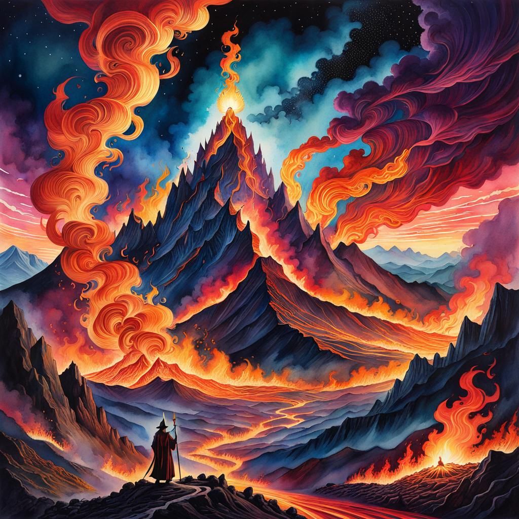 Sorcerer Creates Land of Fire in Solarpunk Watercolor