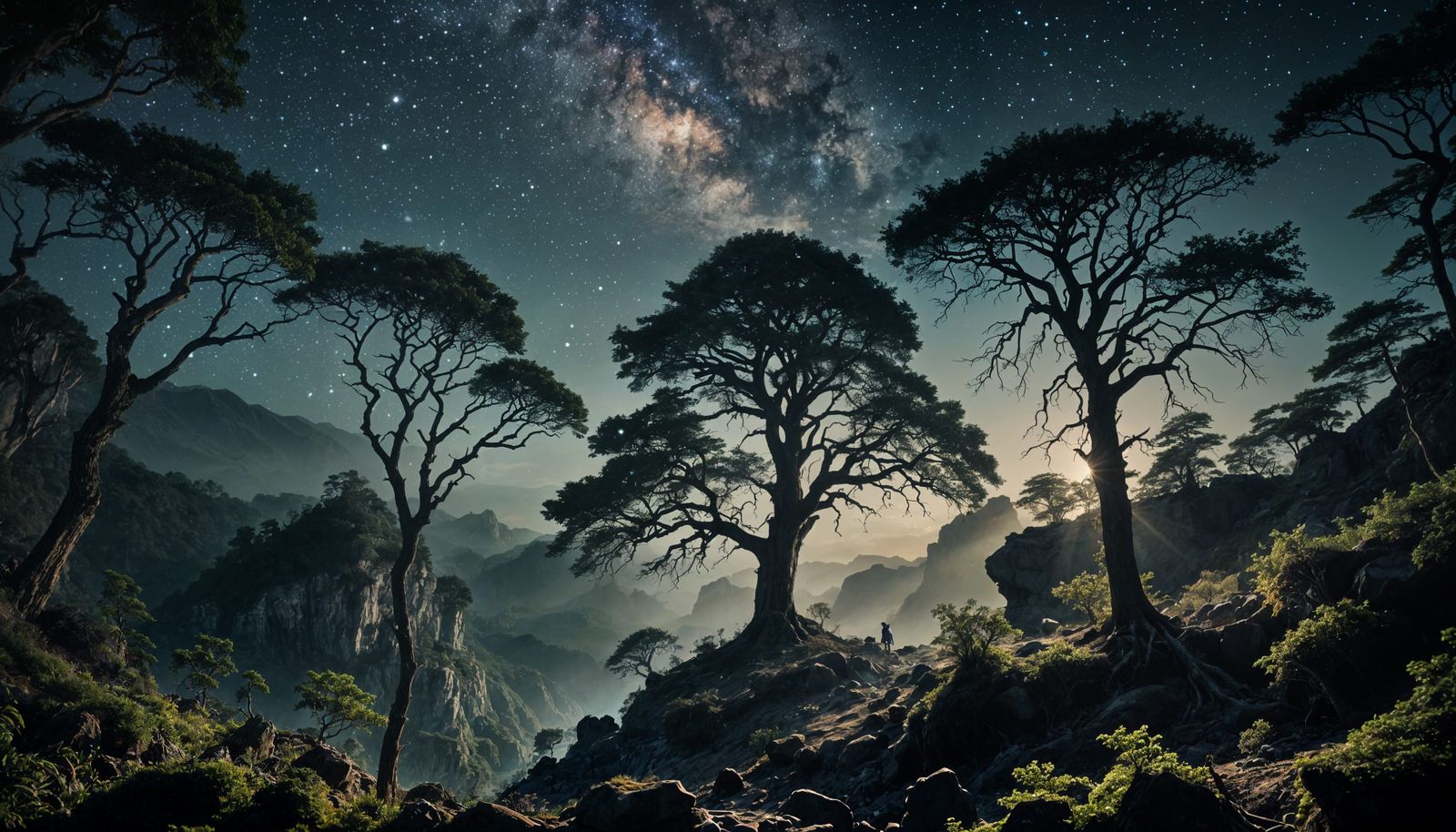 Mystical Forest Under Starry Sky, Double Exposure