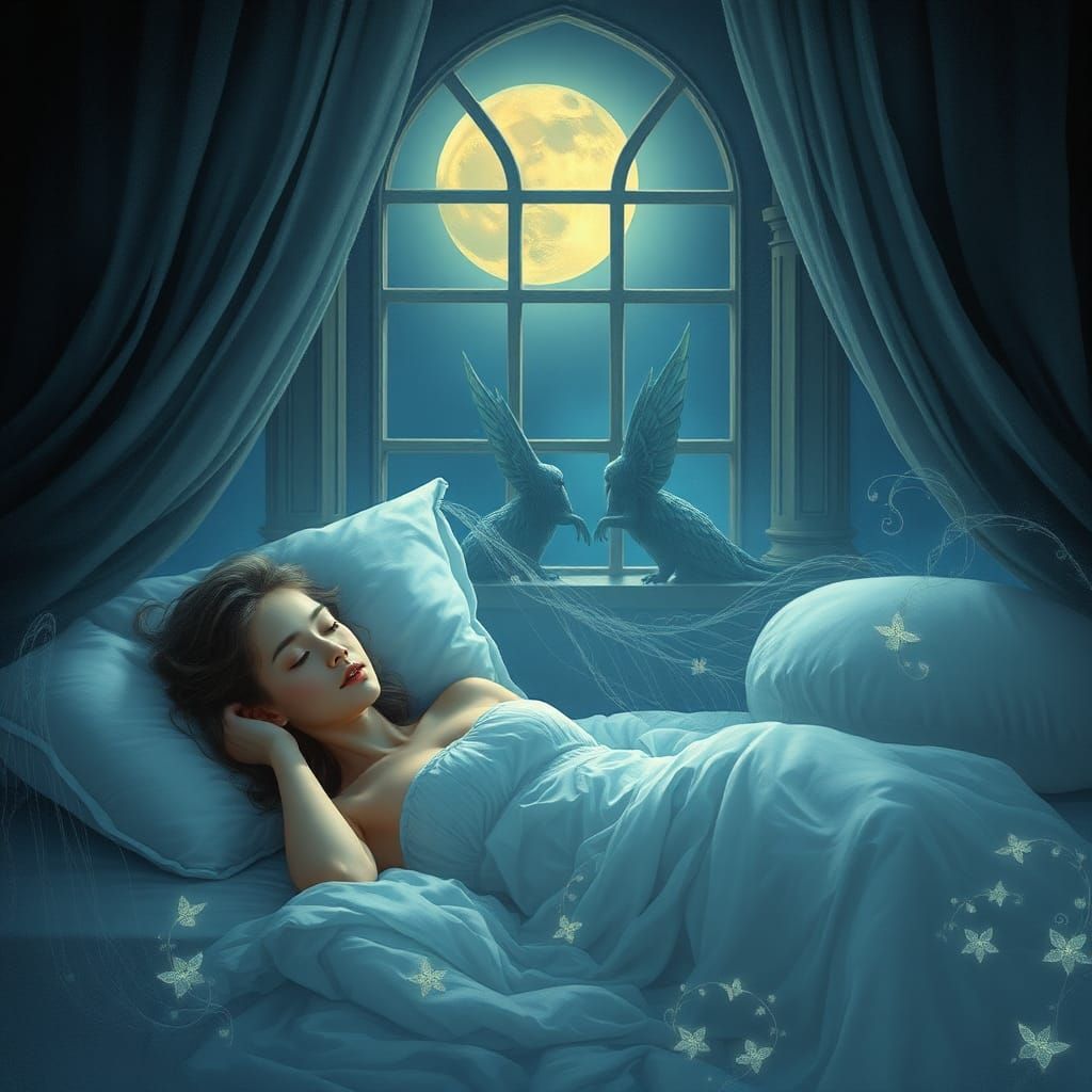 Ethereal Woman Lounging in Bed Under Moonlight